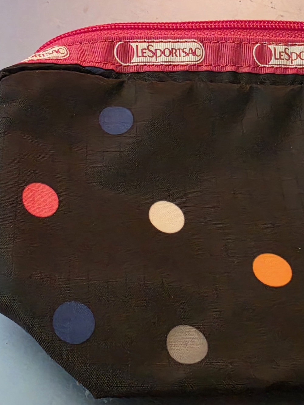 LeSportsac Black Polka Dot Pouch with Pink Trim